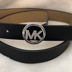Michael Kors NEW Black Leather Belt, Round Silver Buckle w/ Rhinestone MK, S/M